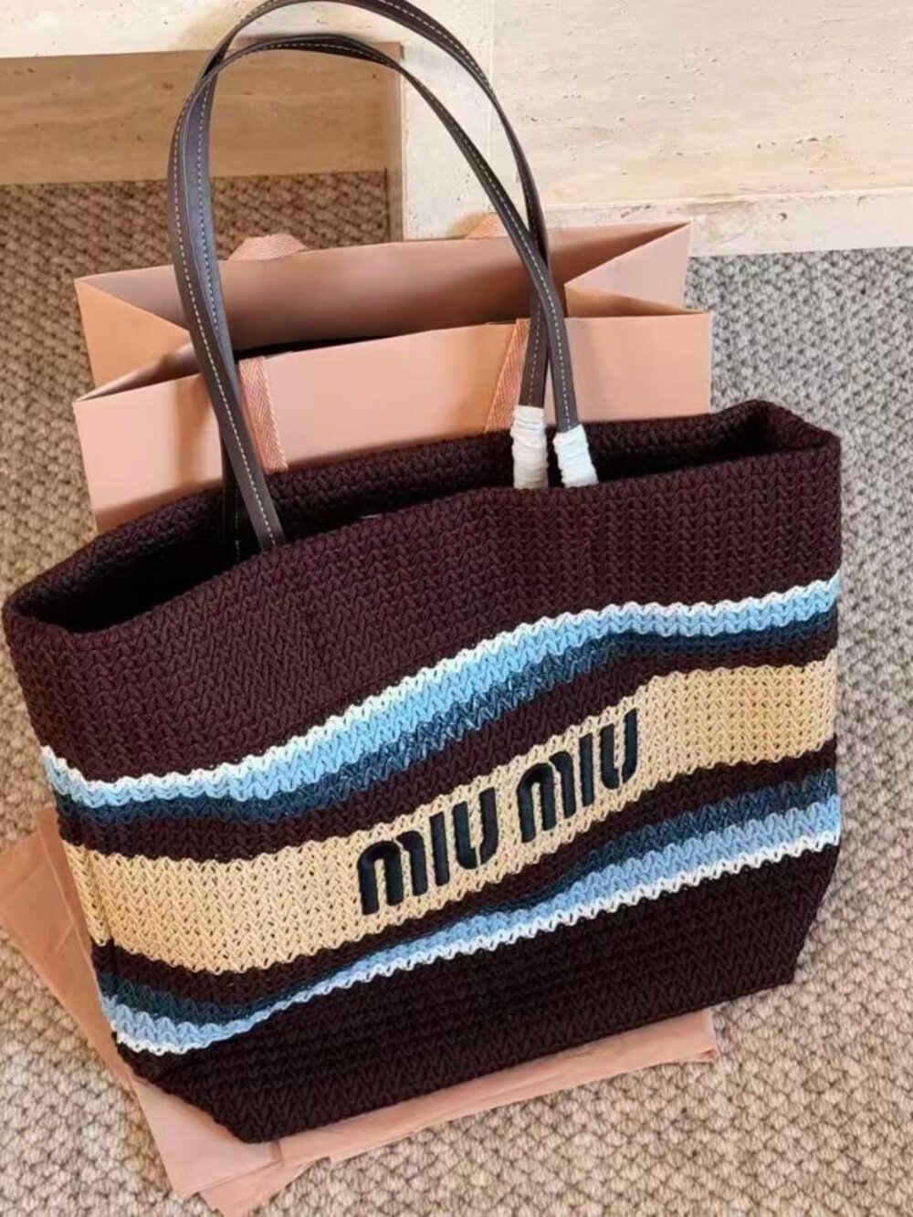 Miu Miu Striped Woven Raffia Tote Bag Leather Handles